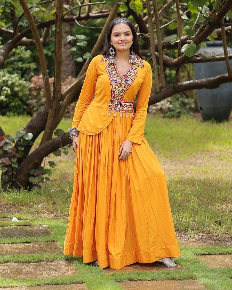 Mustard Color Reyon Designer Koti Style Navratri Gown