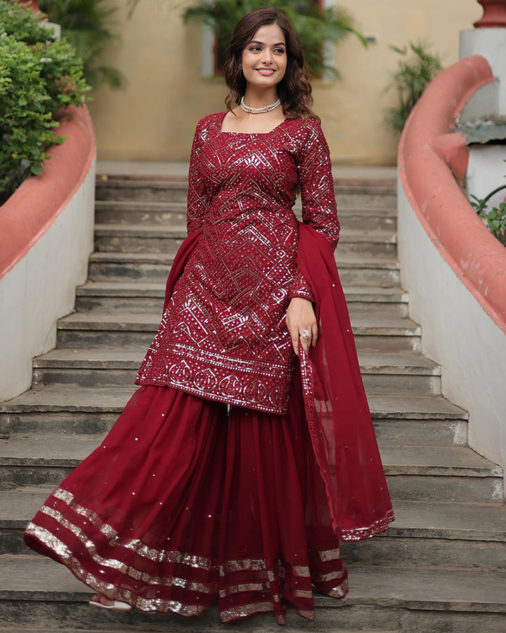 Maroon Color Faux Georgette Embroidered Sharara Suit