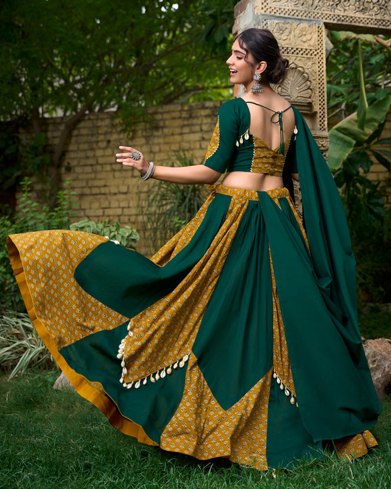 Mustard And Green Color Cotton Printed Navratri Lehenga Choli