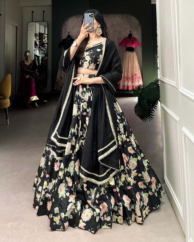 Black Color Tussar Silk Floral Printed Lehenga Choli