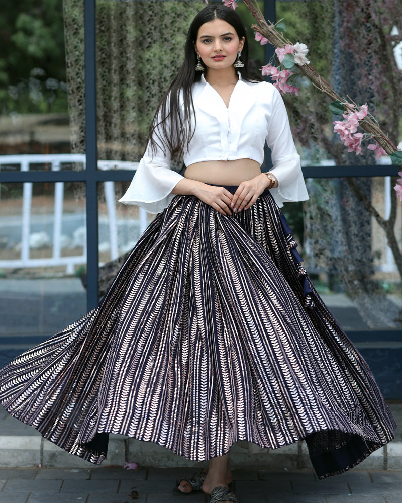 Lehenga White Crop Top And Black Skirt Black And White Designer