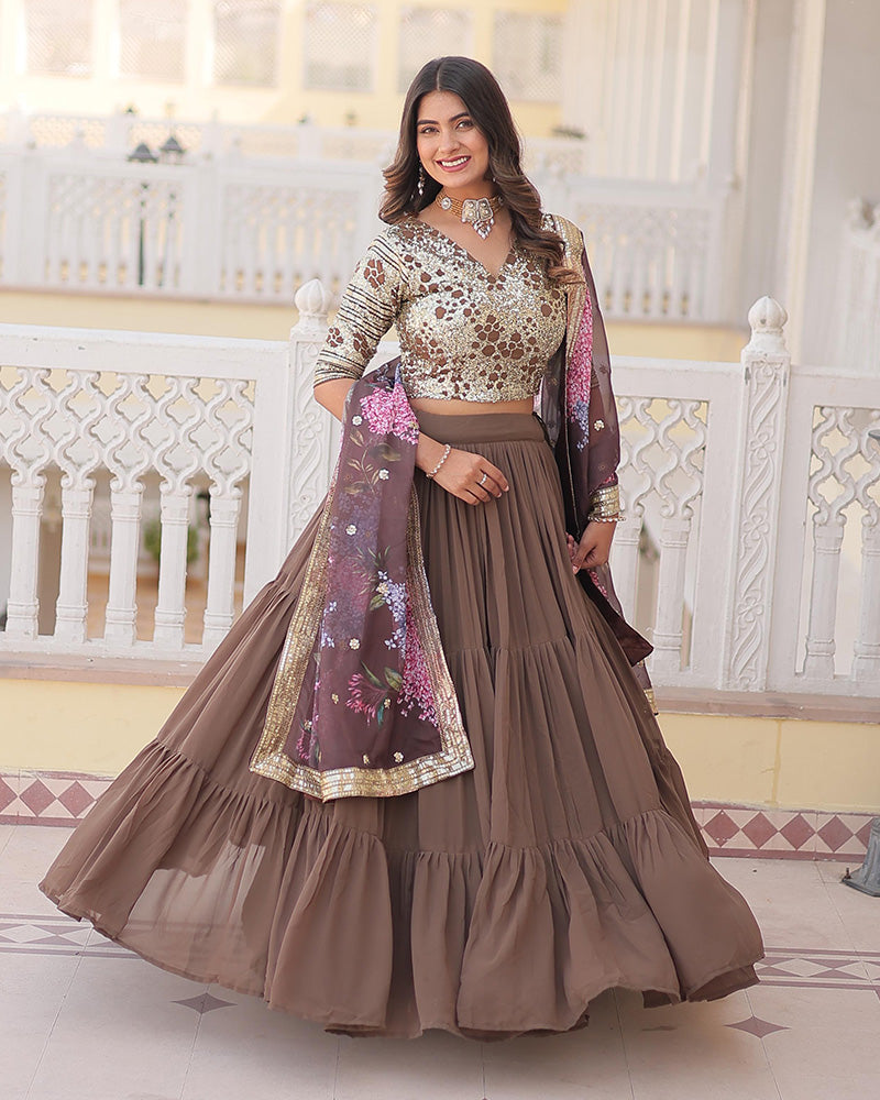 Chocolate Color Faux Georgette Frill Style Lehenga Choli