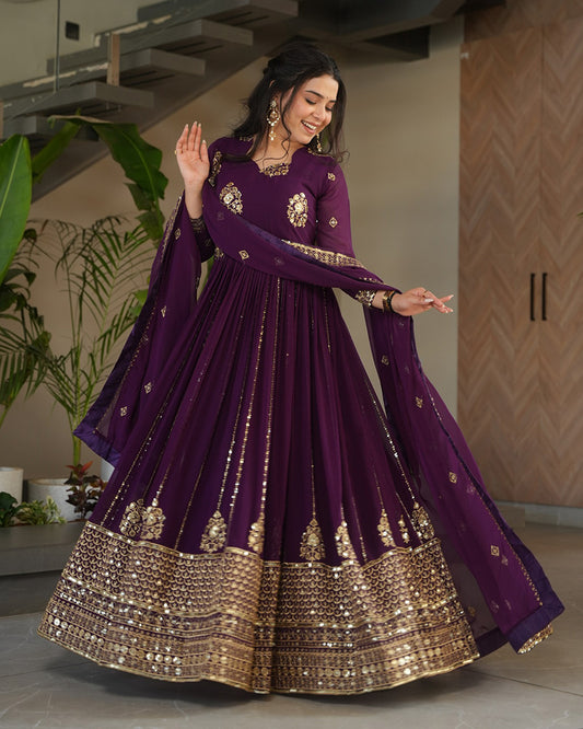 Royal Purple Color Designer Golden Embroidered Gown
