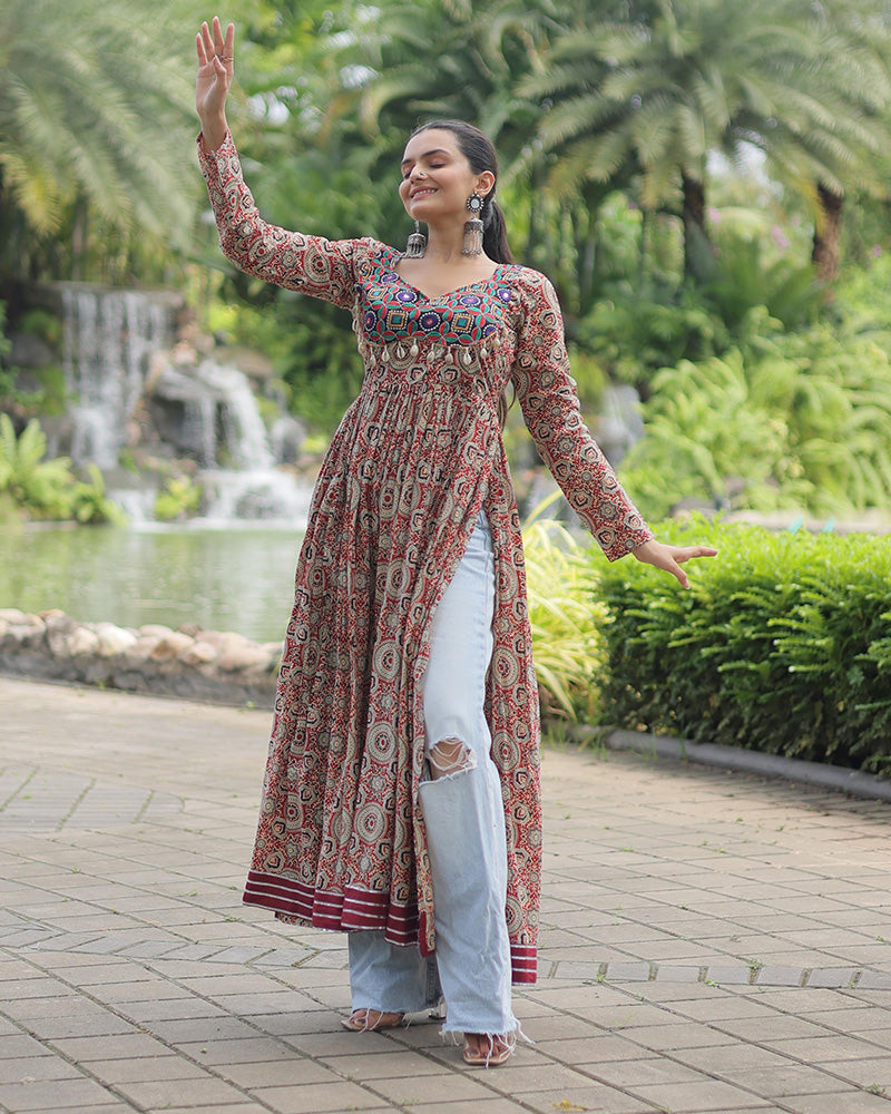 Maroon Color Cotton Printed Navratri Kurti