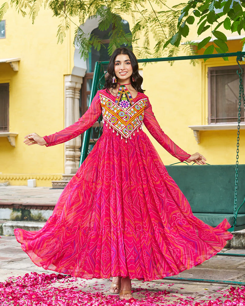 Festive Pink Ethnic Gown With Colorful Mirror Work