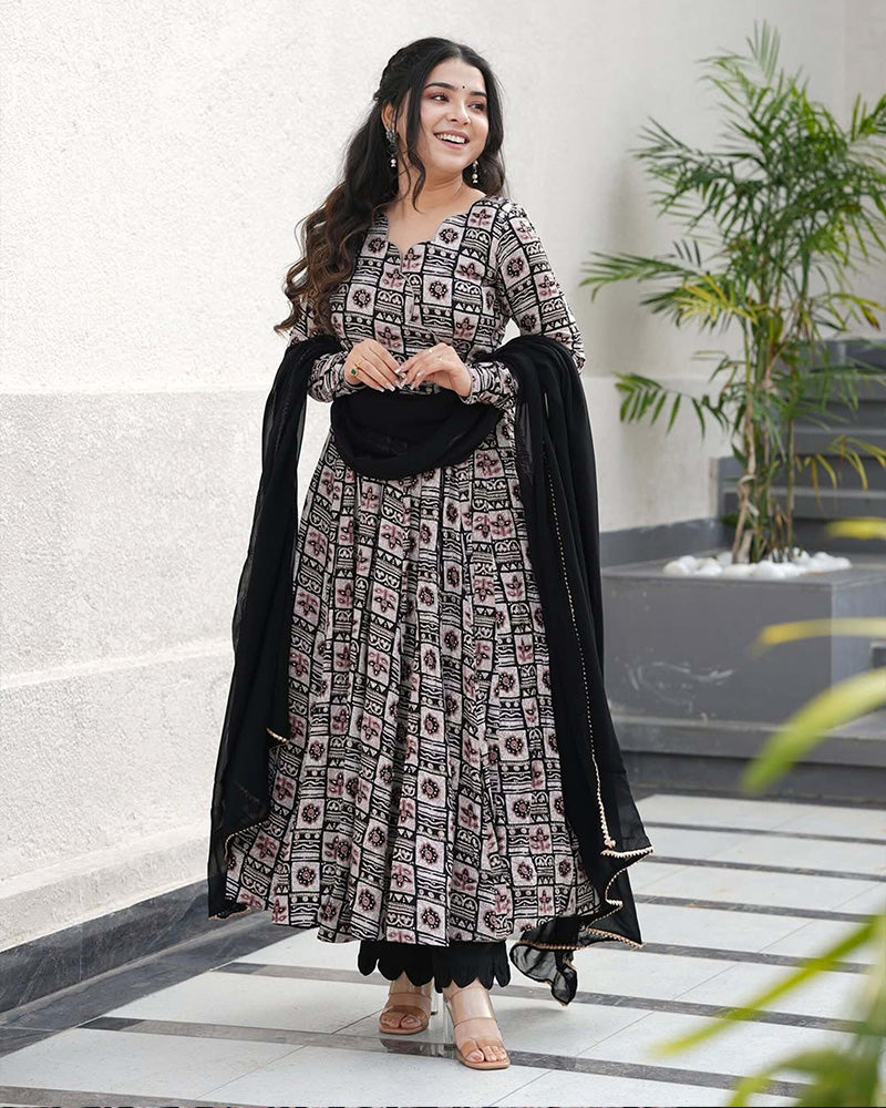 Black Color Rayon Printed Three Piece Anarkali Suit