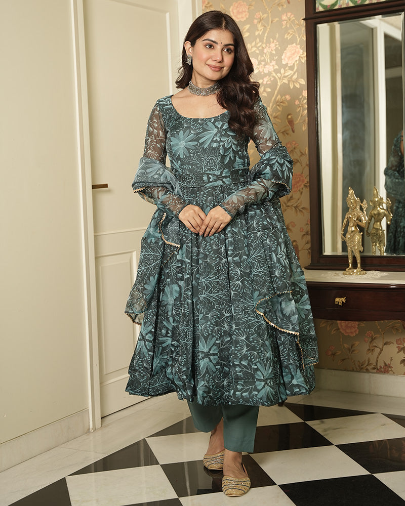 Bottle Green Color Printed Tebby Organza Three Piece Anarkali Suit