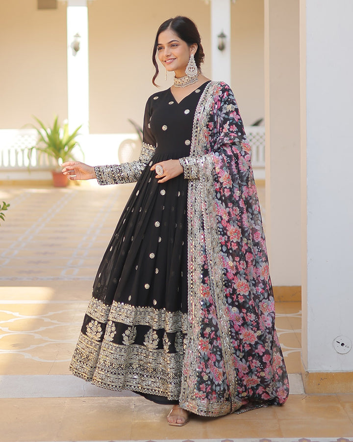 Black Color Faux Georgette Designer Gown With Dupatta
