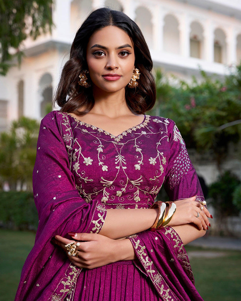 Wine Color Vichitra Silk Sequence Embroidery Half Saree