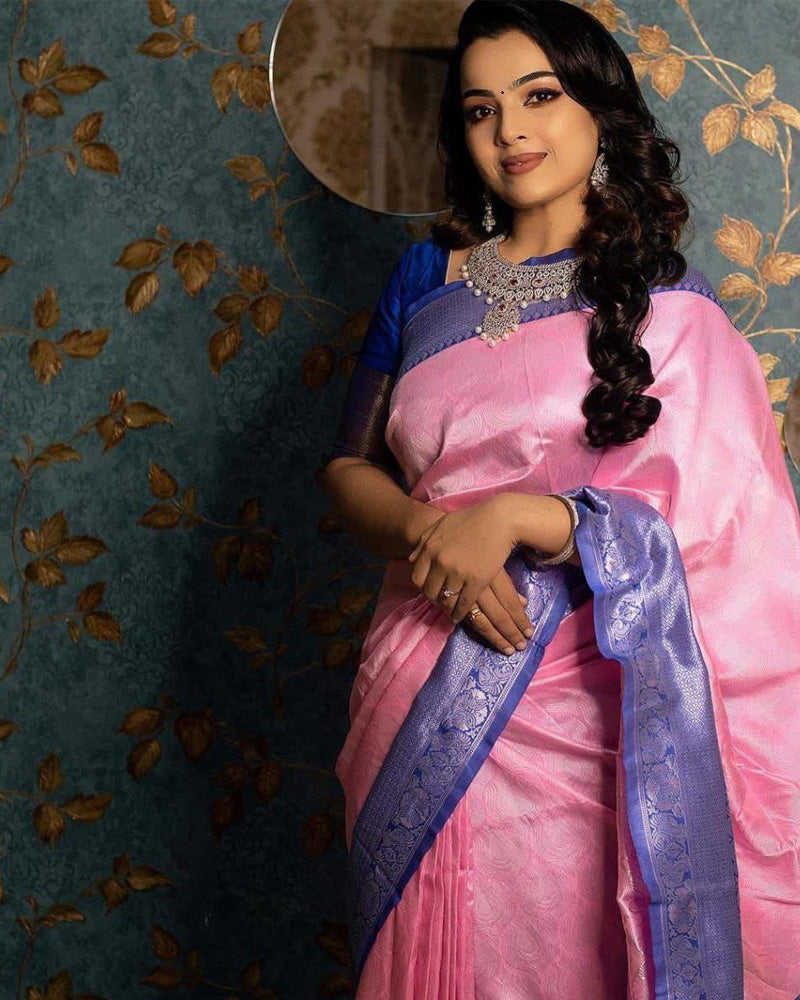 Pink And Blue Banarasi Silk Saree With Exclusive Jacquard Border