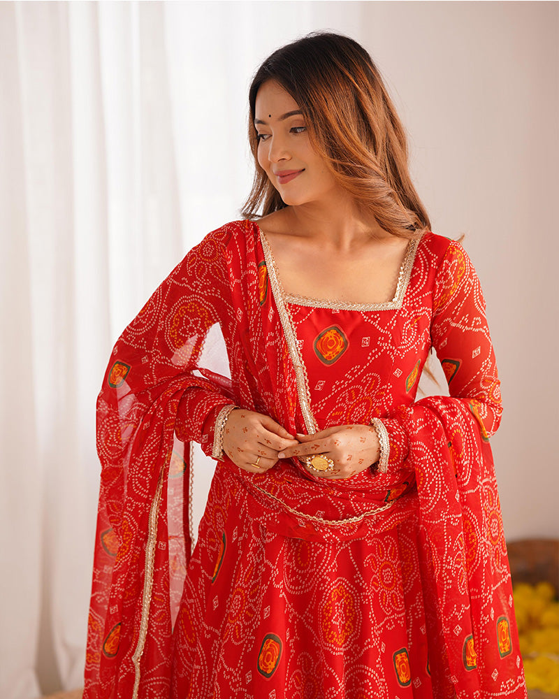 Red Color Bandhej Print Soft Chiffon Anarkali Gown