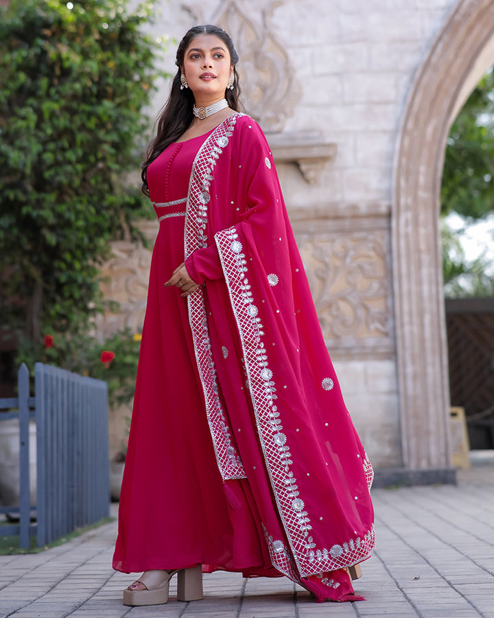 Rani Pink Embroidered Dupatta Anarkali Three Piece Suit