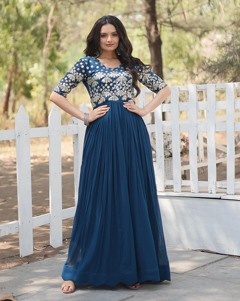 Rama Color Faux Blooming Embroidered Anarkali Gown