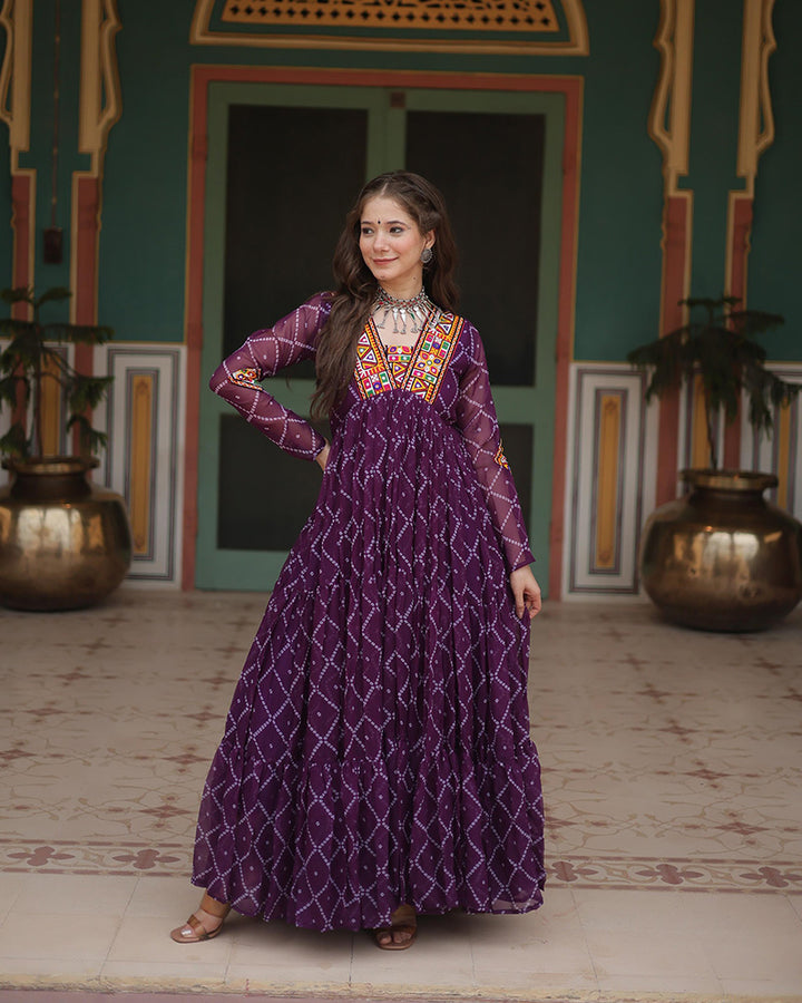 Dark Purple Color Georgette Bandhej Print Navratri Gown