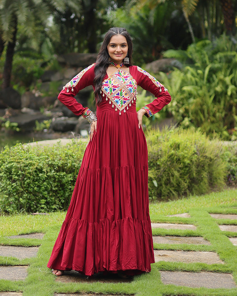 Maroon Color Reyon Gamthi Style Navratri Gown