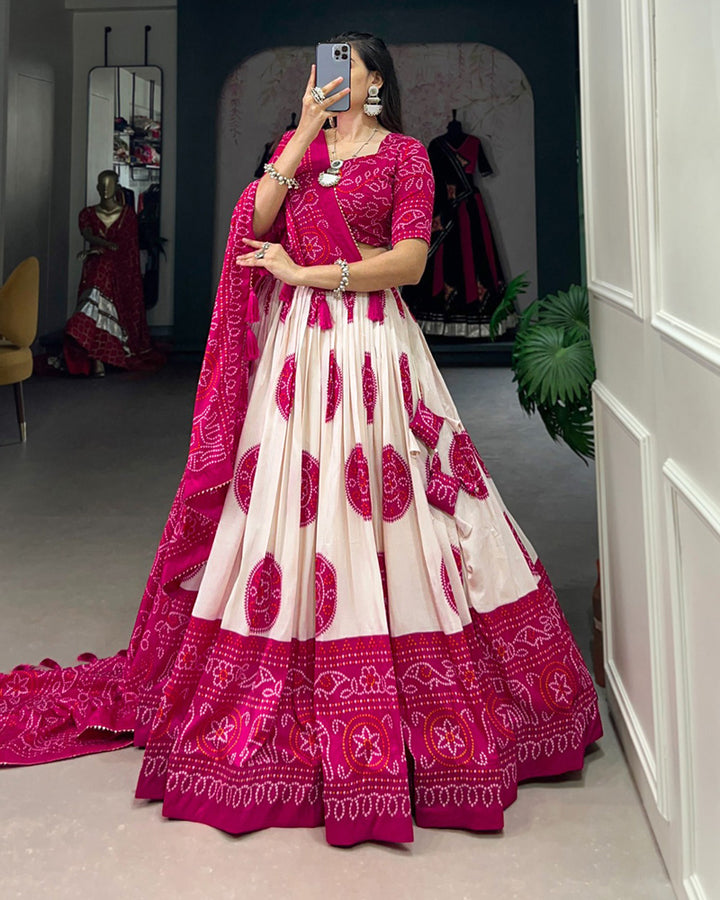 Pink Color Tussar Silk Bandhej Printed Lehenga Choli