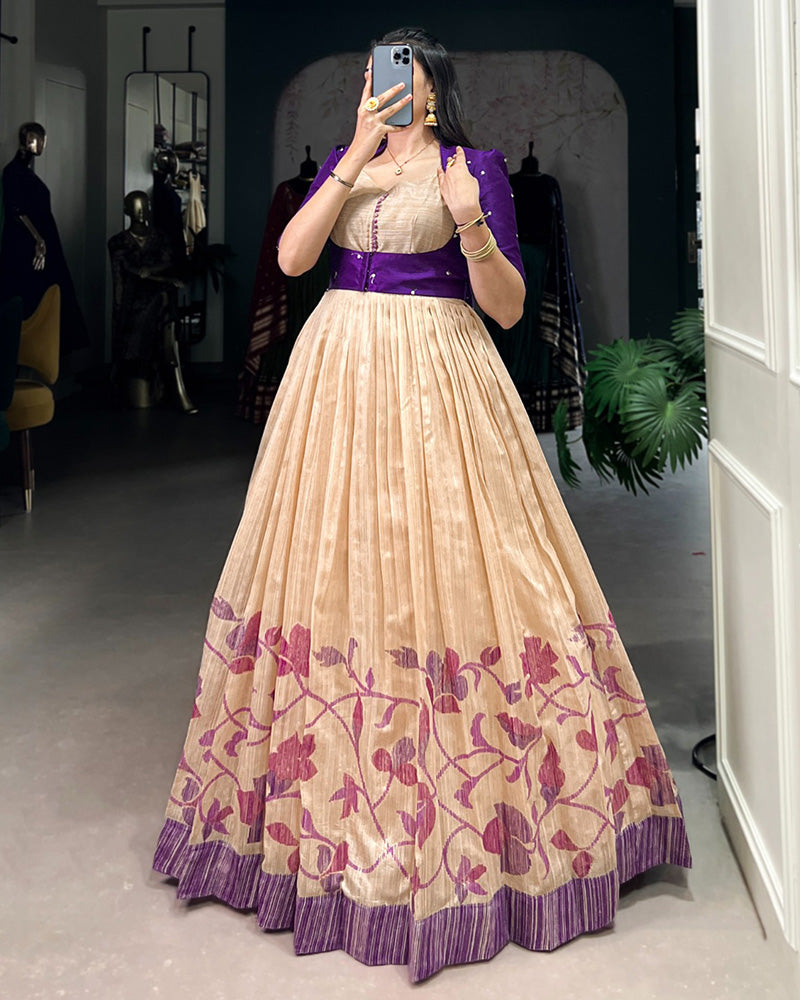 Purple Color Green Silk Printed Gown With koti