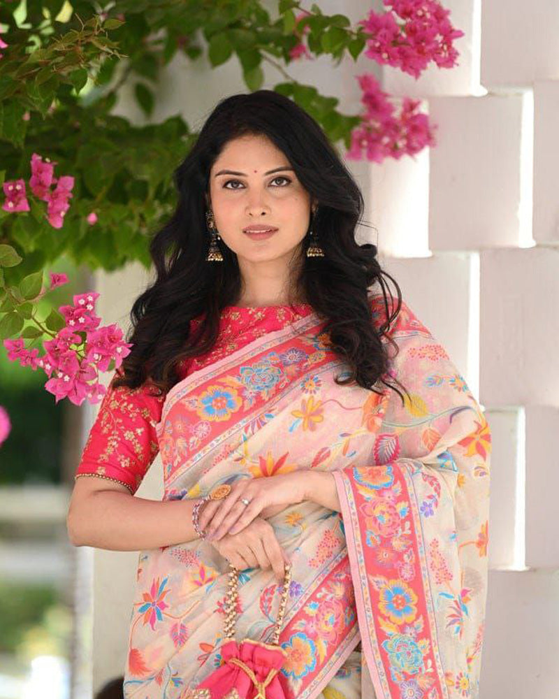 Cream Colour Banarsi Soft Silk Saree