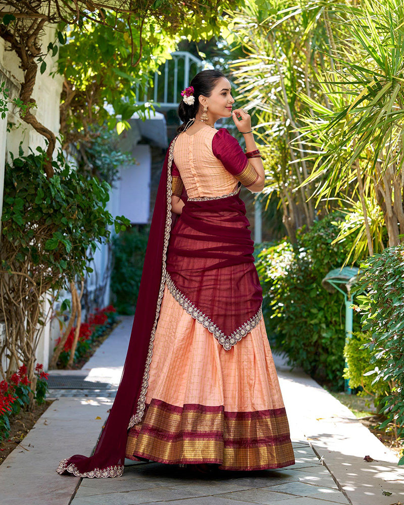 premium Peach Color Zari Chex Half Saree