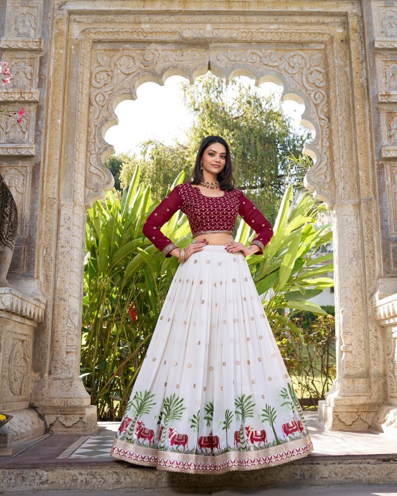 White Color Georgette Sequence Embroidered Lehenga Choli