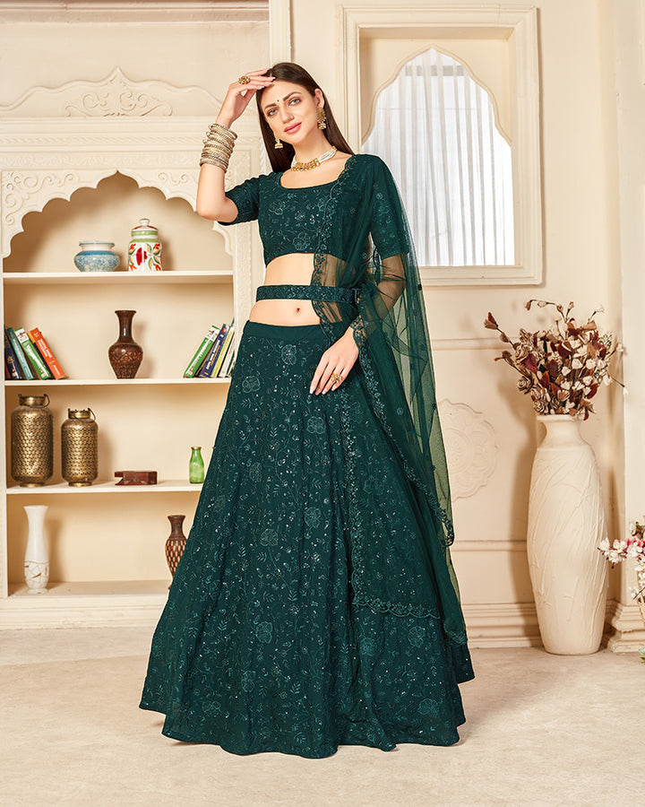 Designer Dark Green Color Georgette Semi Stitched Lehenga Choli