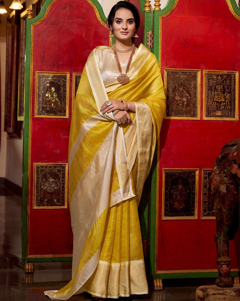 Yellow Color Weightless Jacquard Chex Saree