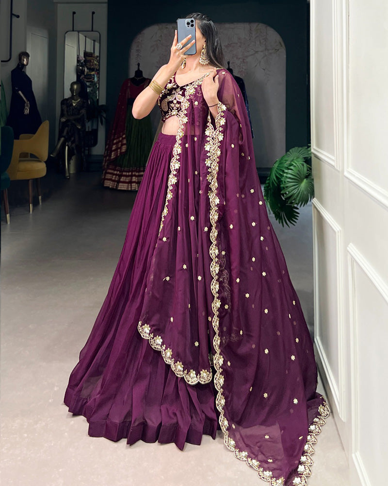 Wine Color Embroidered Organza Lehenga Choli