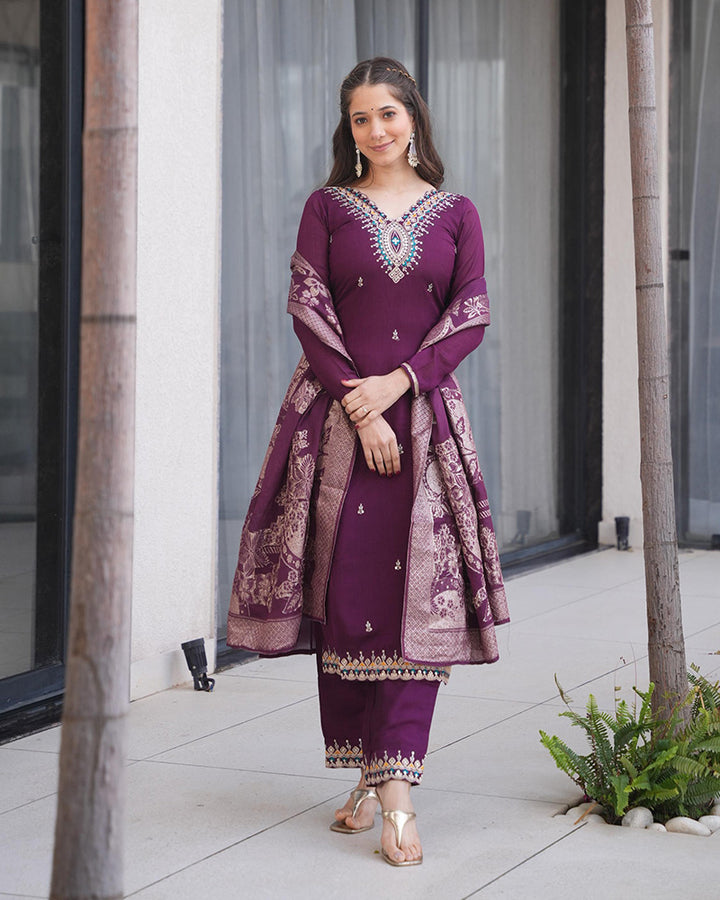Wine Color Roman Silk Embroidered Three Piece Kurti Suit