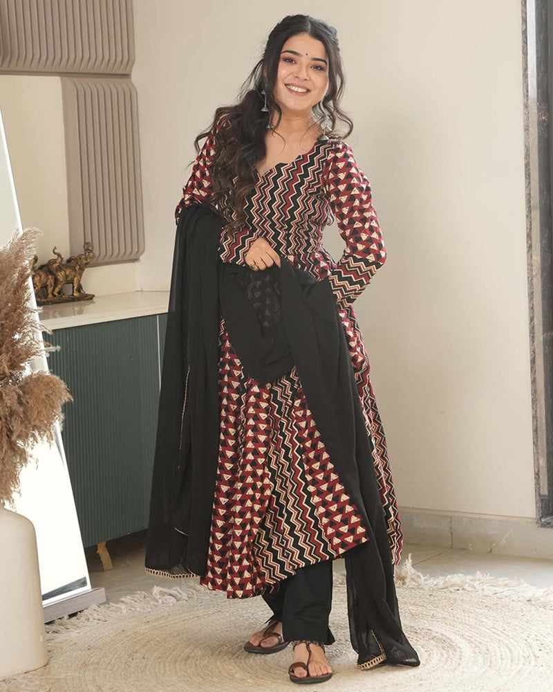 Black Color Laheriya Triangle Printed Pure Cotton Anarkali Suit