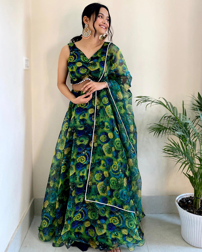 Yellow And Green Color Pure Organza Full Stitched Lehenga Choli