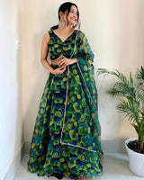 Yellow And Green Color Pure Organza Full Stitched Lehenga Choli