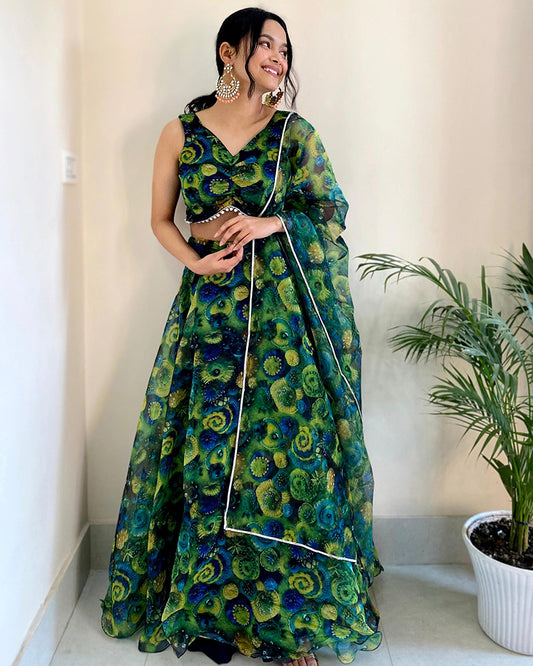 Yellow And Green Color Pure Organza Full Stitched Lehenga Choli