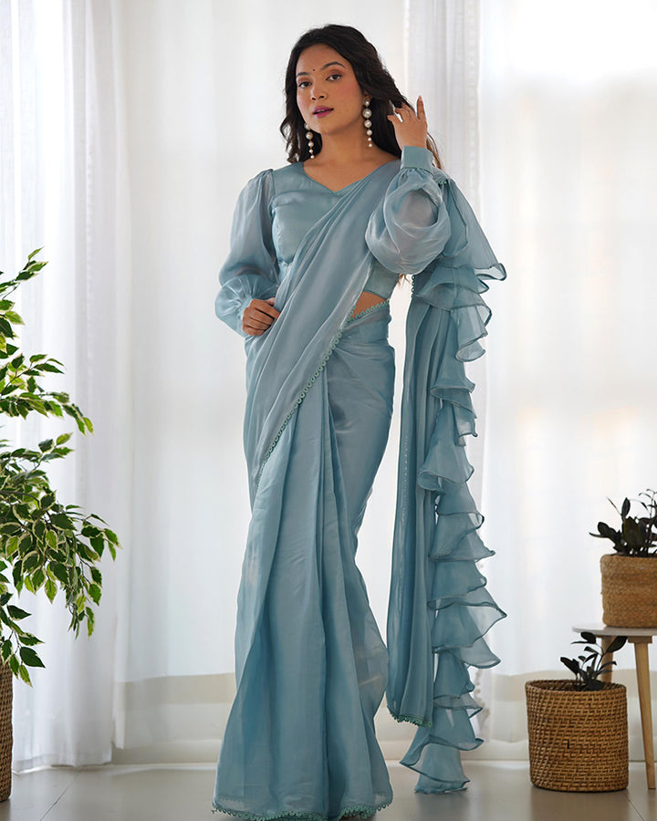 Sky Blue Color Jimmy Choo Pre Drapped Saree