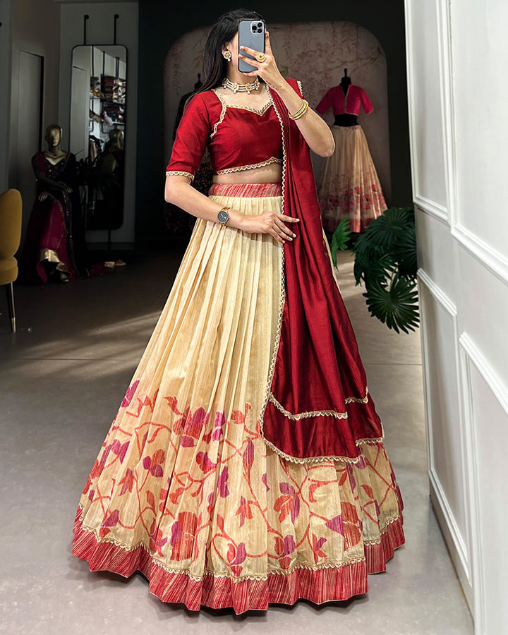 Maroon Color Green Silk Printed Lehenga Choli