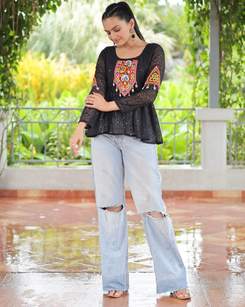 Black Color Georgette Schiffli Work Navratri Kediya