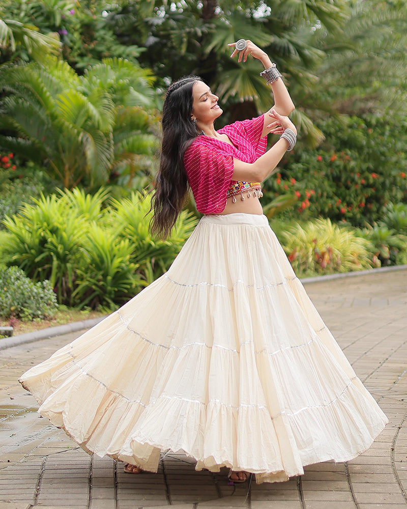 White Color Kora Cotton Lehenga With Pink Choli