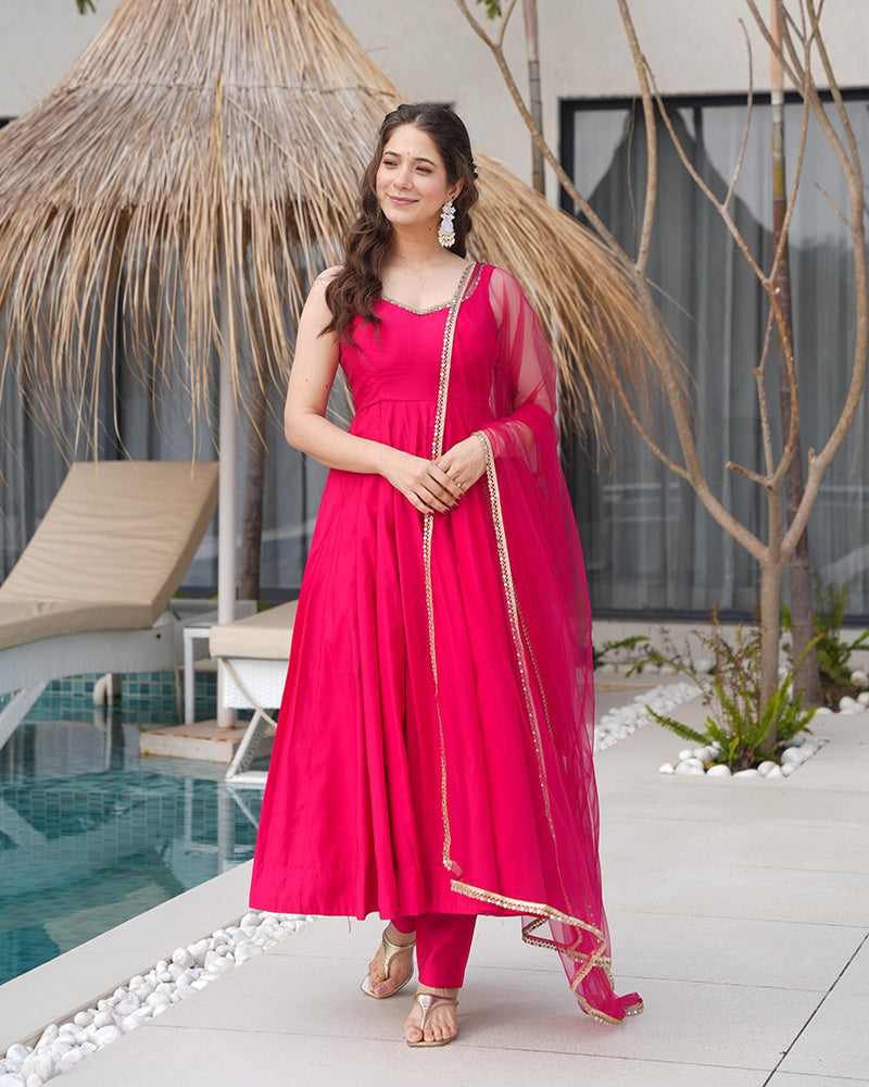 Rani Pink Color Chanderi Pure Roman Silk Anarkali Suit