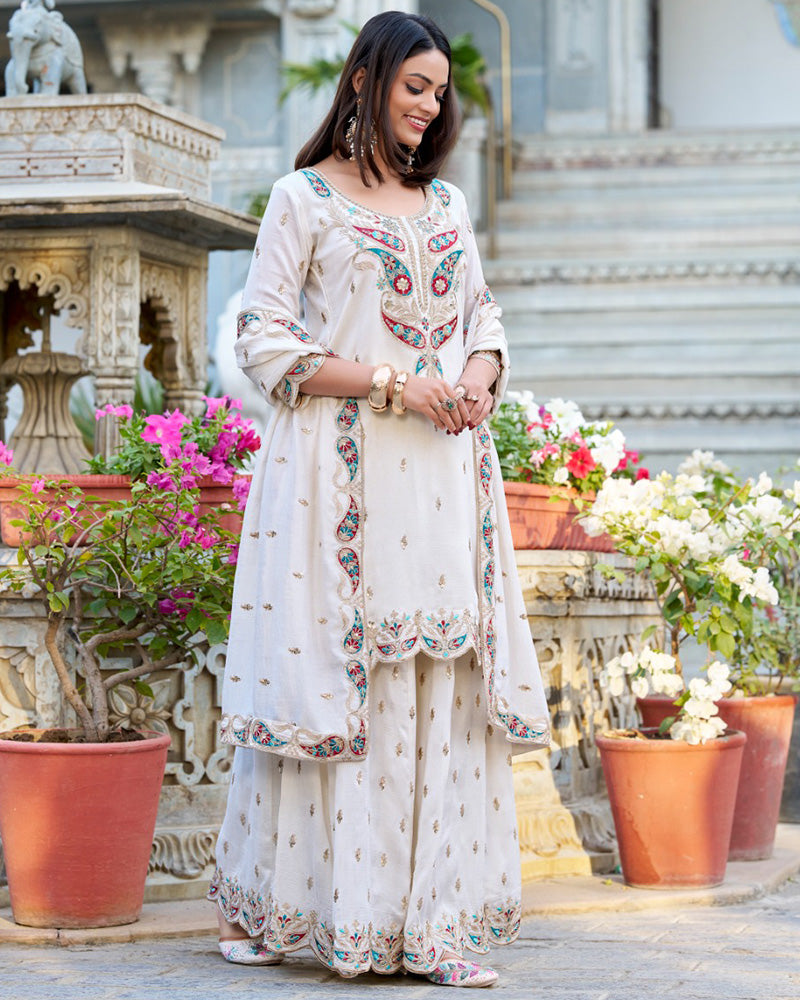 White Color Vichitra Silk Three Piece Kurti Suit