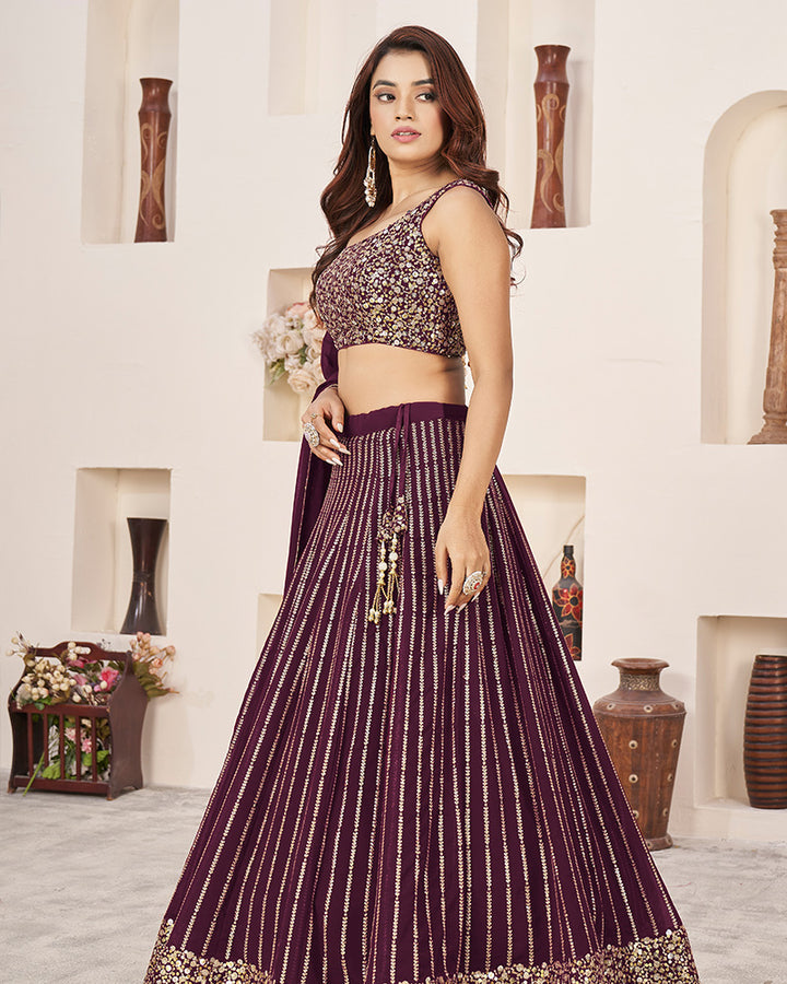 Wine Color Georgette Embroidered Semi Stitched Lehenga Choli