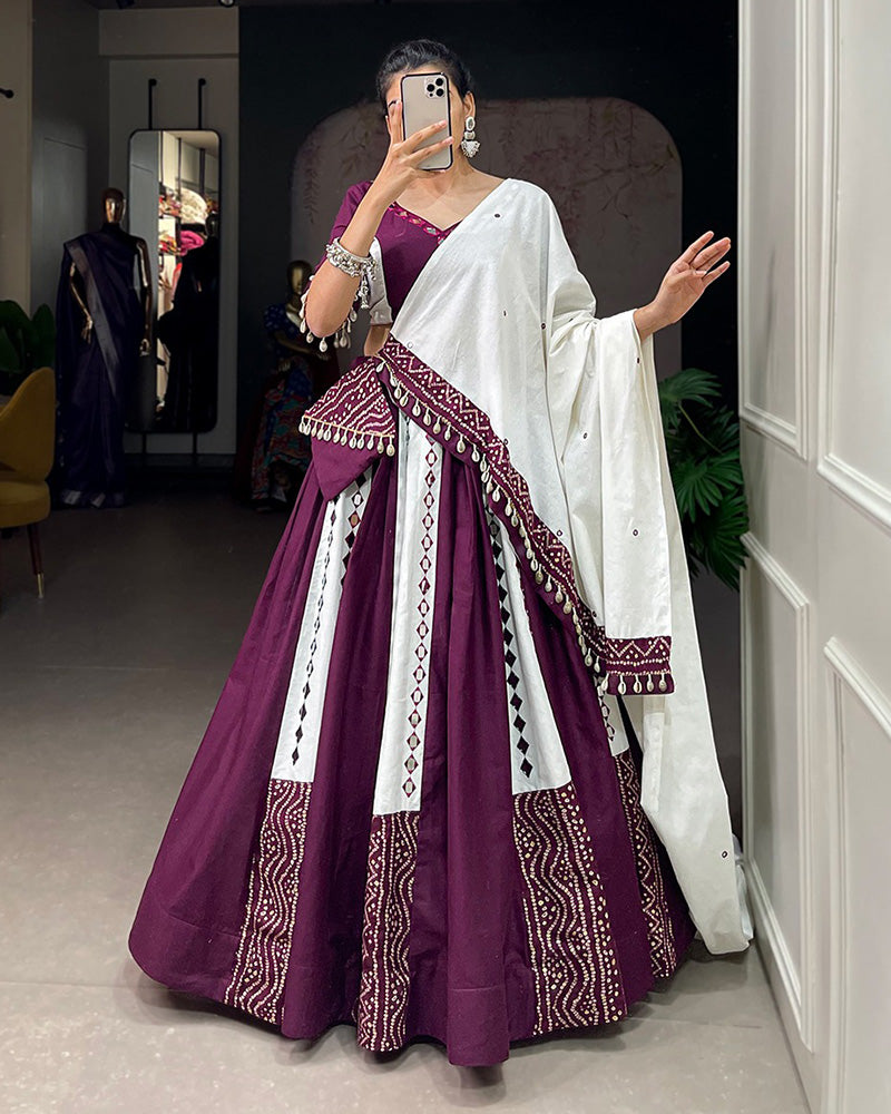 White And Wine Color Cotton Navratri Lehenga Choli