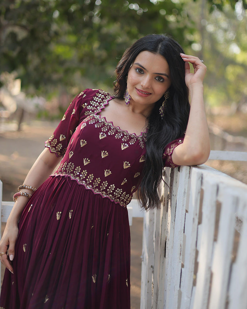 Reddish Maroon Color Faux Blooming Embroidered Gown