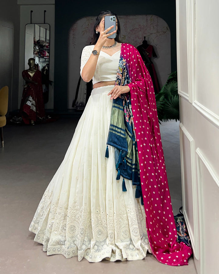 Off White Color Lucknowi Work Lehenga Choli With Different Dupatta