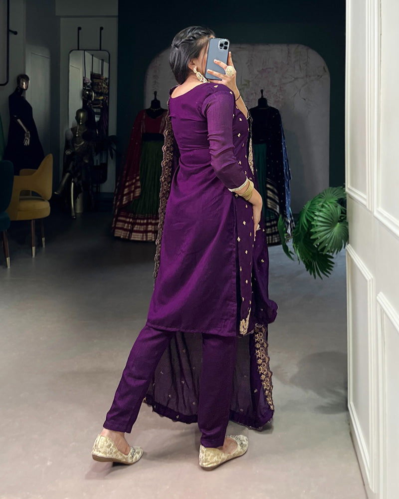 Purple Color Vichitra Silk Embroidered Three Piece Kurti Suit
