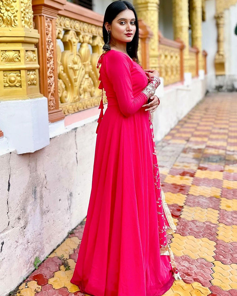 open lace back dress Payel Saha Rani Pink Color Soft Georgette With Heavy Embroidery Work D –  TANHAI