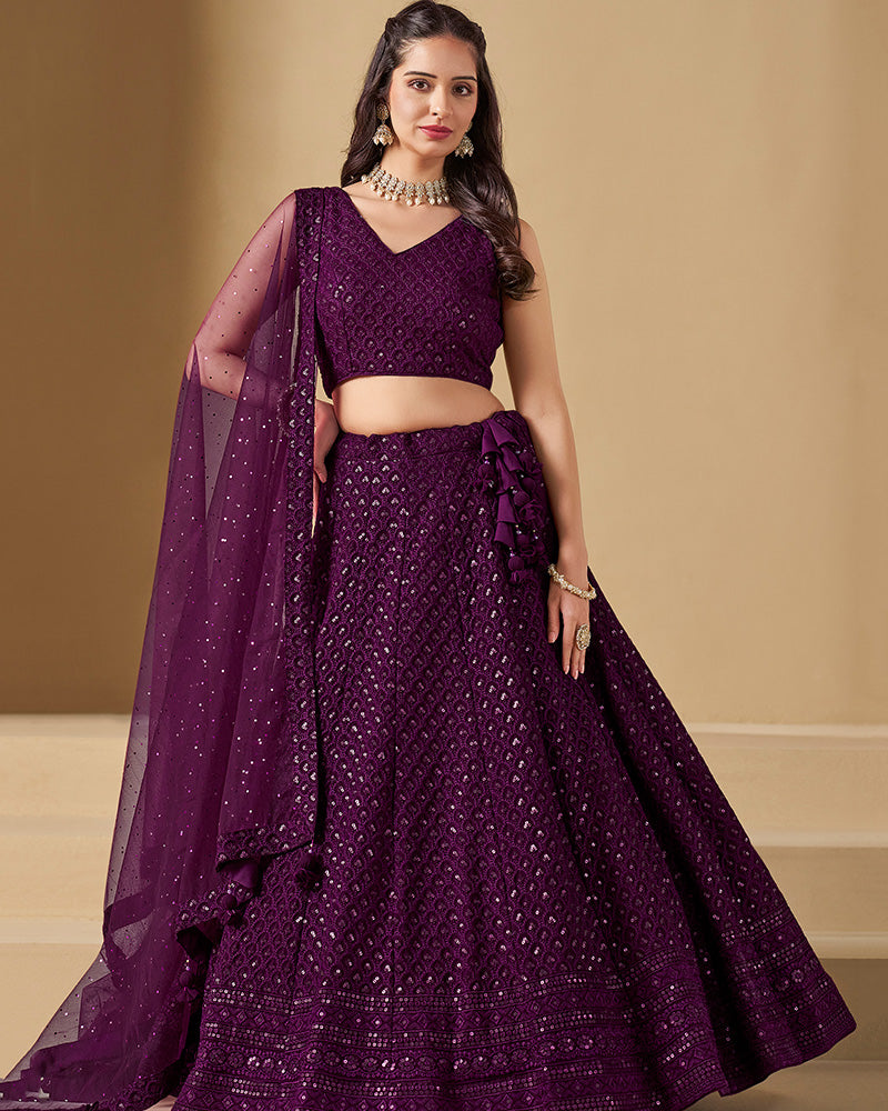 Wine Color Georgette Embroidered Lehenga Choli With Dupatta