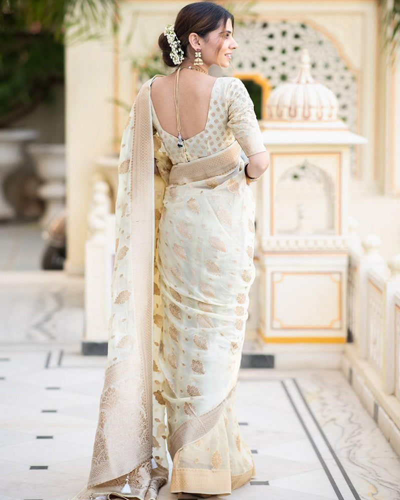 White Color Banarasi All over Jacquard Soft Silk Saree