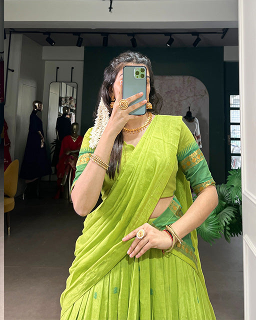 Elegant Parrot Green Chanderi cotton half saree lehenga choli