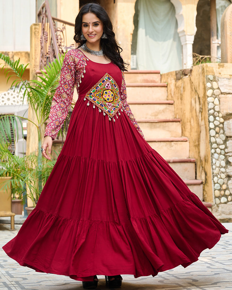 Classic Maroon Mirror Embroidered Rayon Gown For Navratri