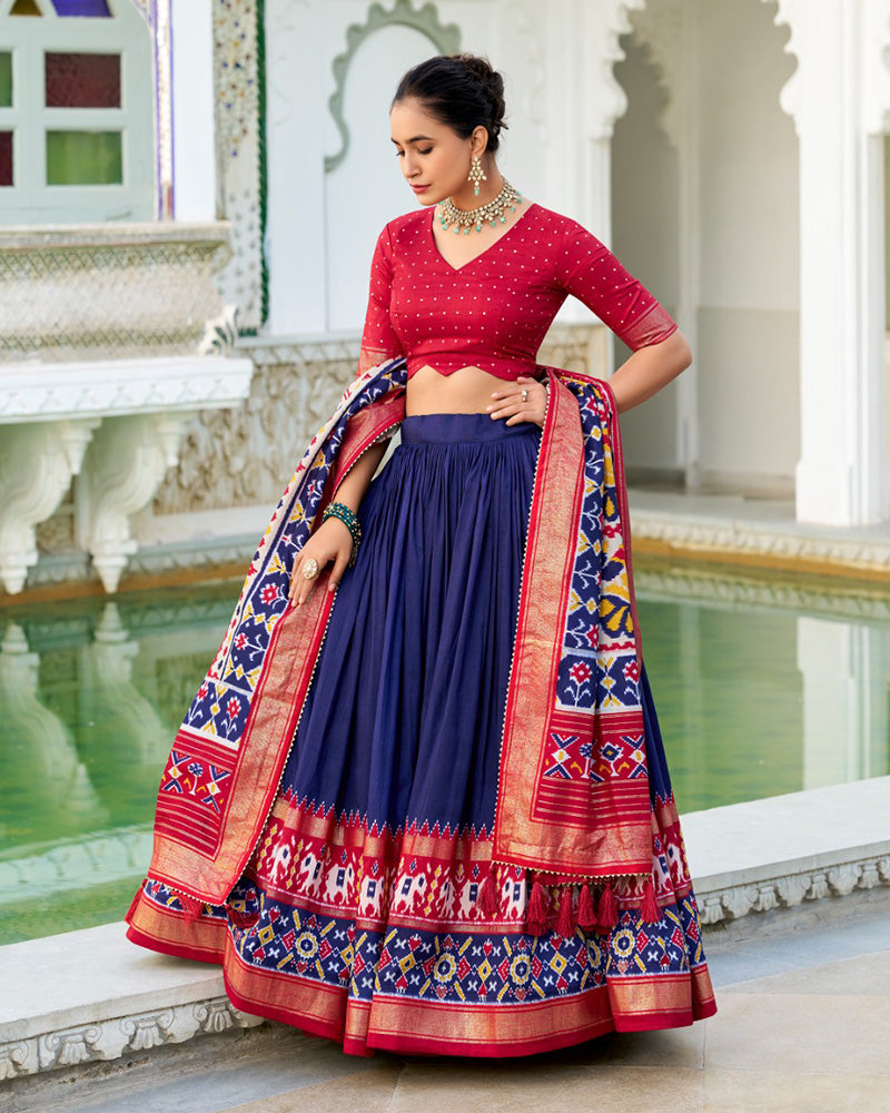 Navy Blue Color Tussar Silk Patola Printed Lehenga Choli