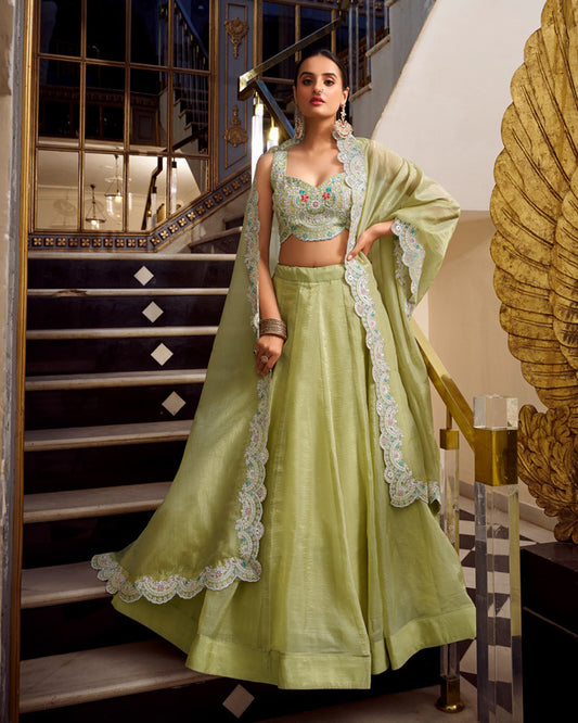 Pista Color Gold Crush Lehenga Choli